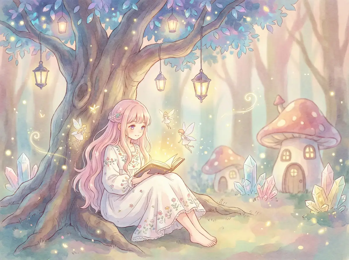 醉饿游戏 - 魔法森林中阅读故事书的粉发少女与精灵